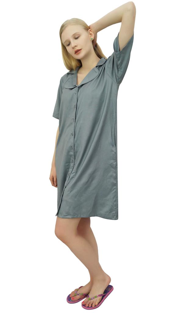 Bimba Women's Nightwear Beige Shirt Short Sleeve Dress With Pockets