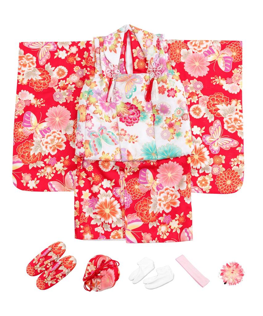 Kimono Set for Set Patterned Nagajuban Hair Drawstring Zori Waist and Tabi Scarlet Flower with Dancing [KYOETSU] Shichi-Go-San Ceremony, 3-Year-Old