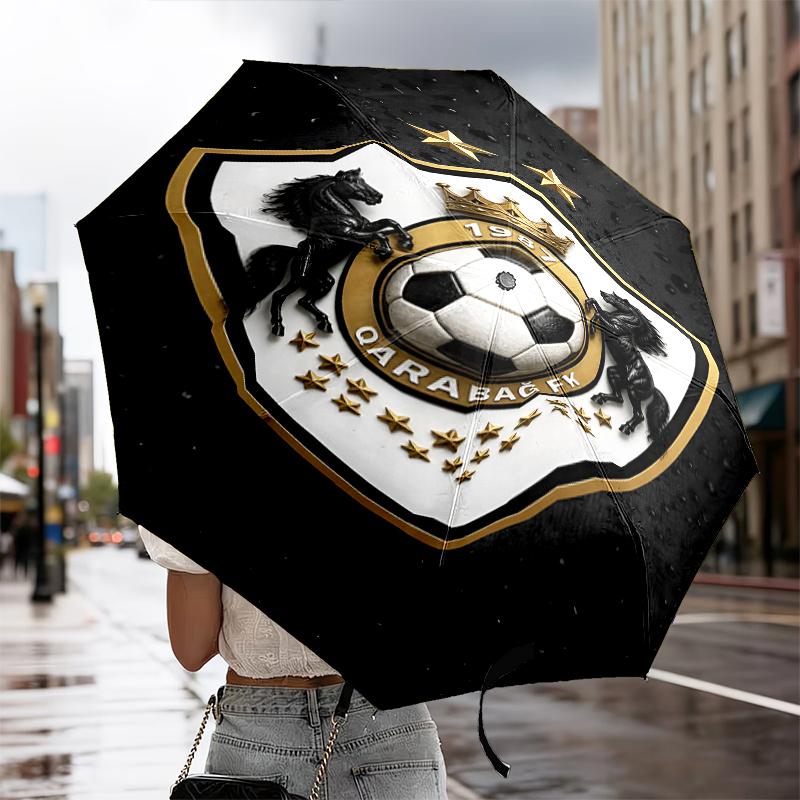 Qarabag Golden Crested Football Emblem Automatic Folding Umbrella - 8-Rib Travel Umbrella with Auto Portable Case, Ideal Gift for Birthdays