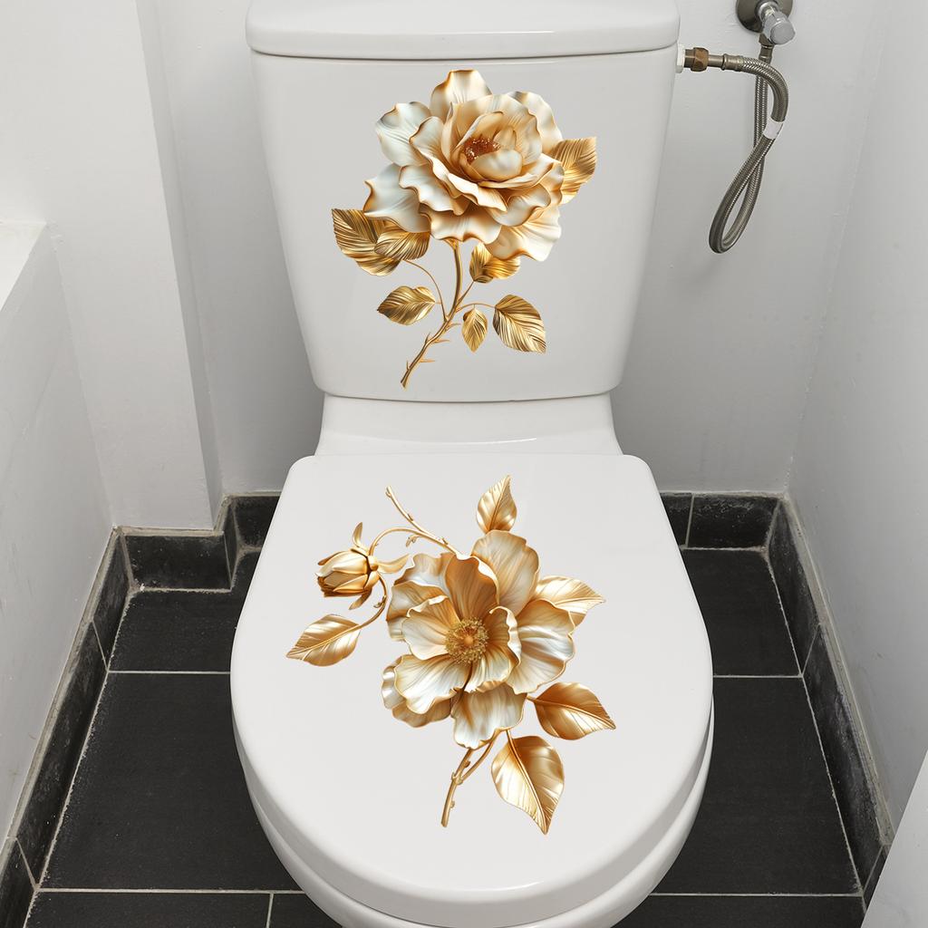 1 Sheet Beautiful Golden Flower Toilet Sticker Bathroom Toilet Cover Decorative Sticker Waterproof Self Adhesive