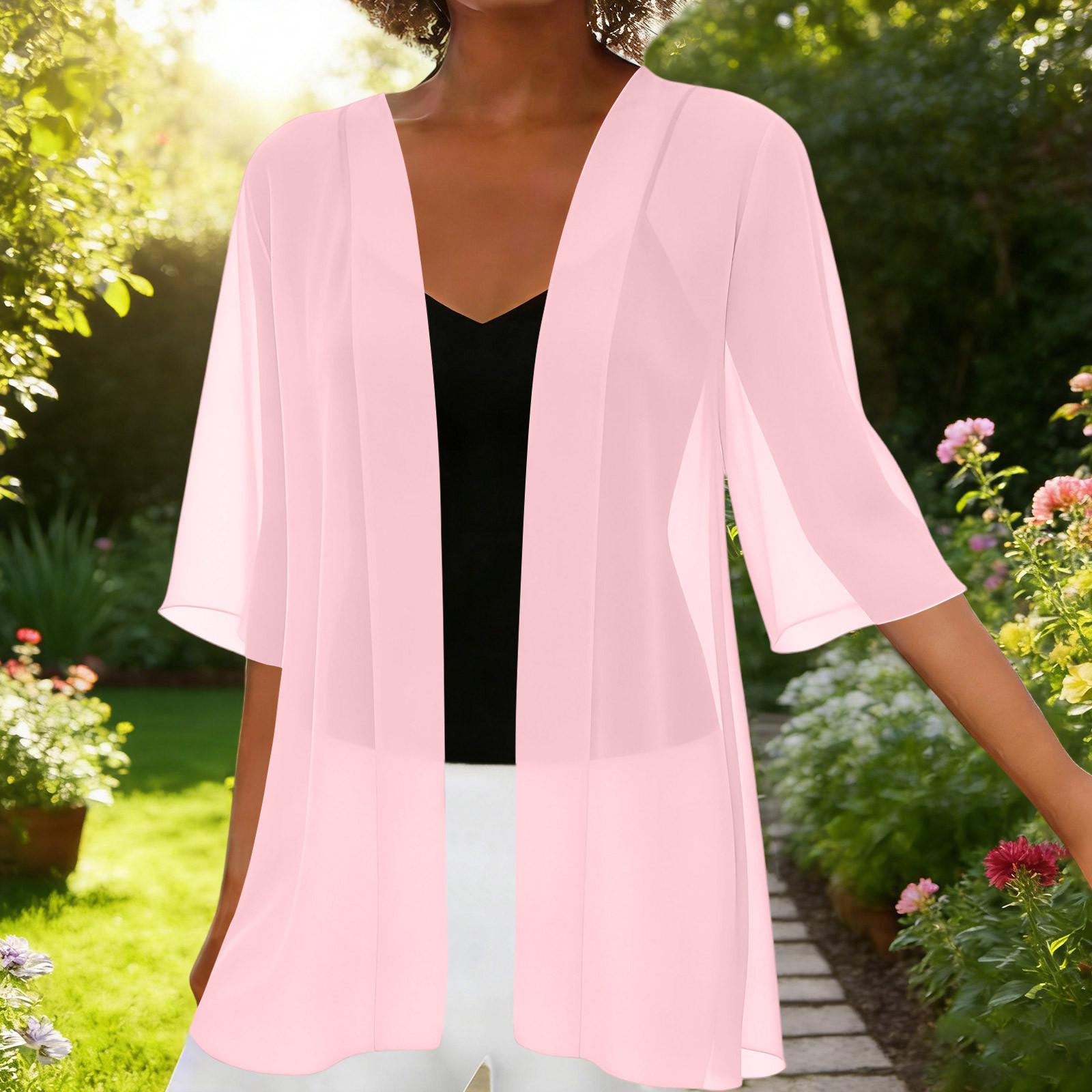 Heima E Dames Chiffon Korte Vest Lichtgewicht Open Voorkant Cover-up Zonbescherming Sjaal Casual Bovenkleding XXL roze