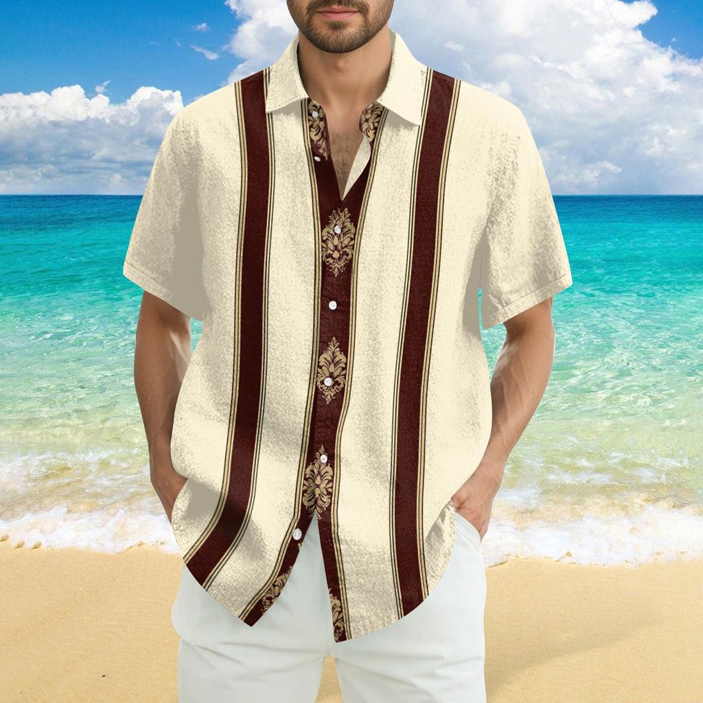 Herren Modisches Lässiges Lockeres Gestreiftes Bedrucktes Strand Kurzarmhemd