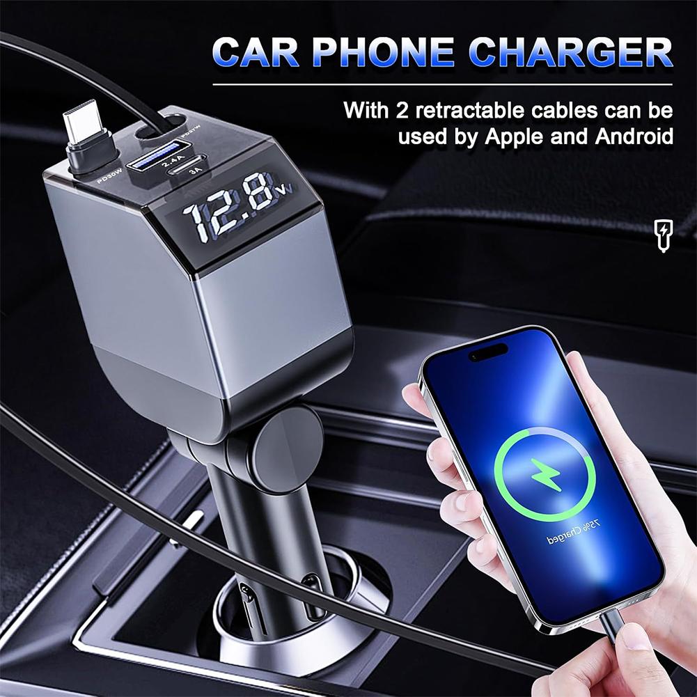 Car Charger, 3-in-1 Independent Fast Charging, Retractable Cable, Power Display USB C Car Charger For IPhone Android W9R9