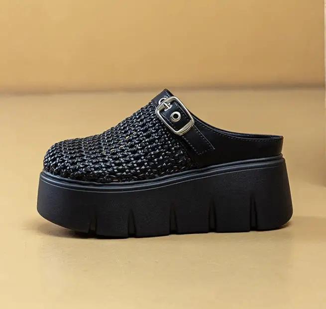 Fashion 7CM Synthetic Microfiber Leather Platform Wedge High Brand Slipper Hollow Slip On Breathable Women Sandals Round Toe Shoes