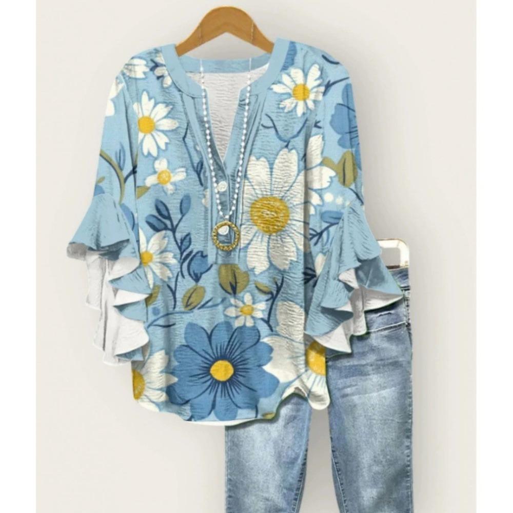 Large Women's Bohemian V-neck Shirt with Ruffle Sleeves, Grey Brown Floral Print Top, Casual Breathable Machine Washable Pullover
