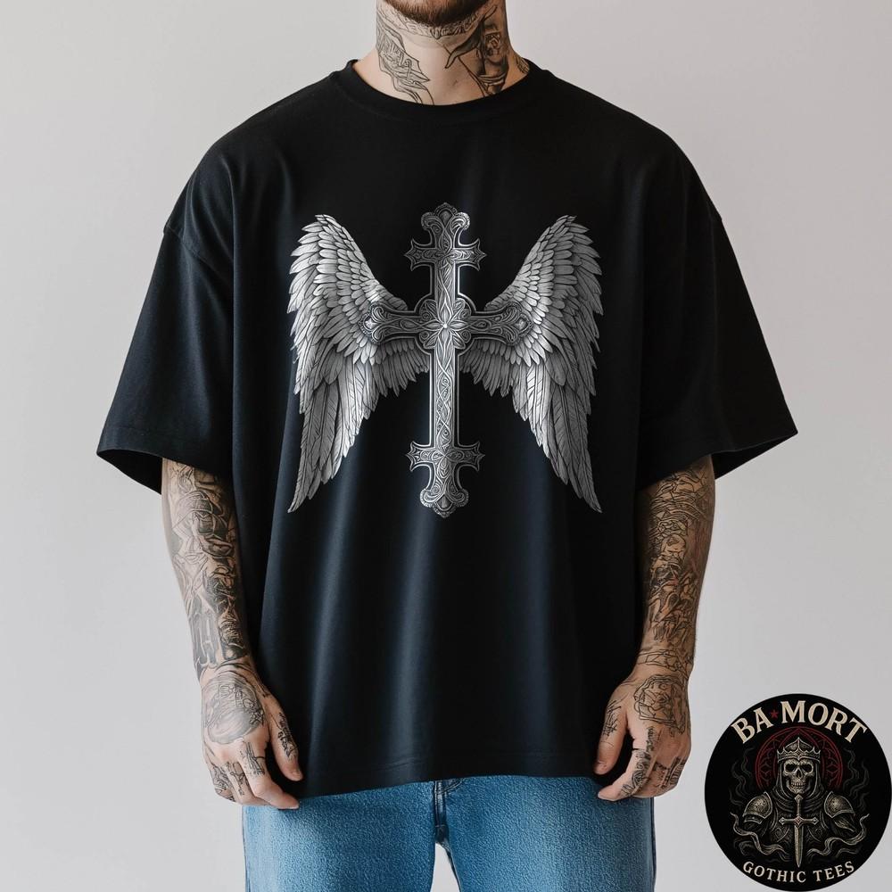 

Gothic Cross And Angle Wings Graphic Punk Style Mens Womens TShirt Unisex T-Shirt S
