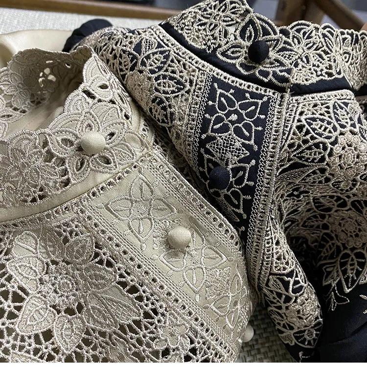 Dámská podzimní elegantní designová vyšívaná košile se stojáčkem a dlouhým rukávem, elegantní a volný top