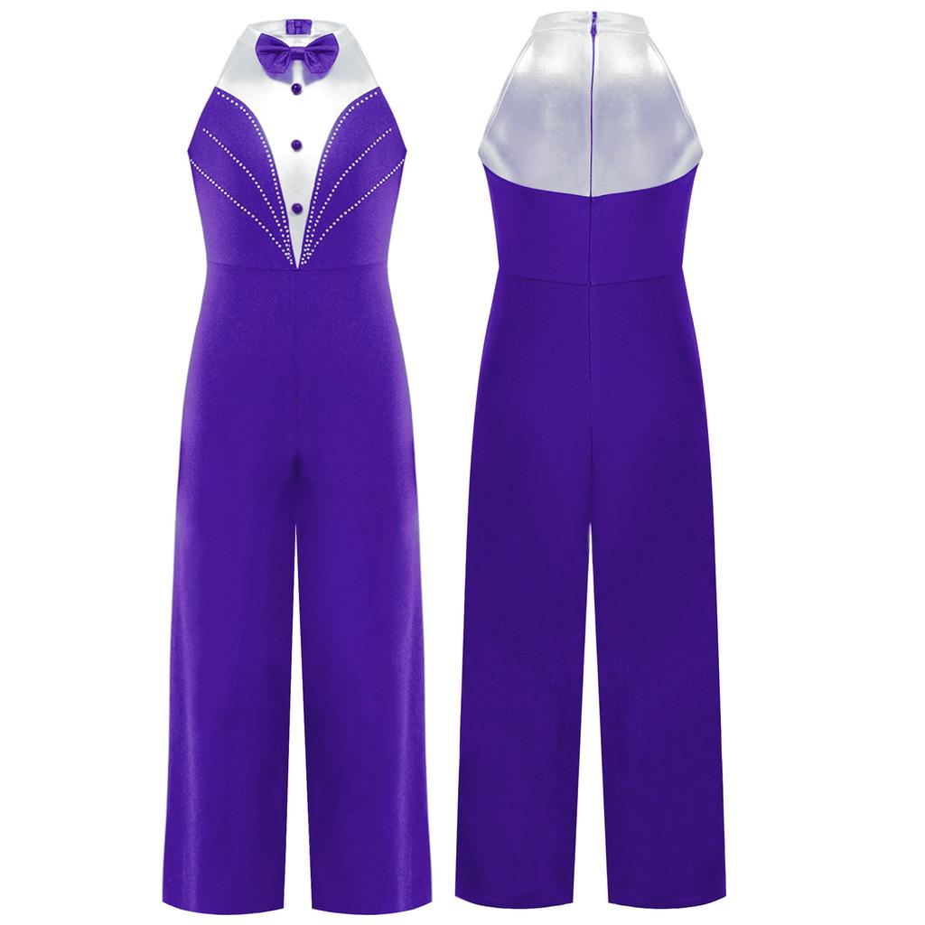 Children‘s Sparkly Rhinestone Color Block Sleeveless Jazz Dance Bodysuit Metallic Patchwork Jumpsuit for Performance Competition