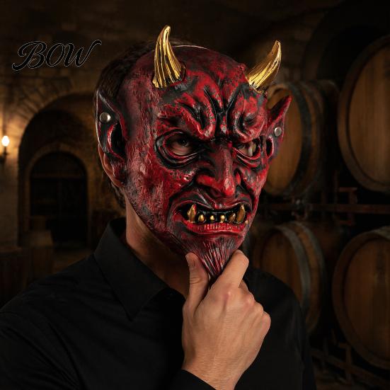Breathable Scary Mask Halloween Red Devil Cosplay Mask, Creepy Golden Horned Demon Latex Flexible Masquerade Costume Party Full Face for Men