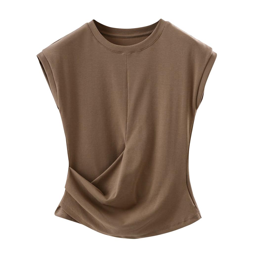 Dámské módní jednobarevné tričko s kulatým výstřihem, skládané tričko, vesta