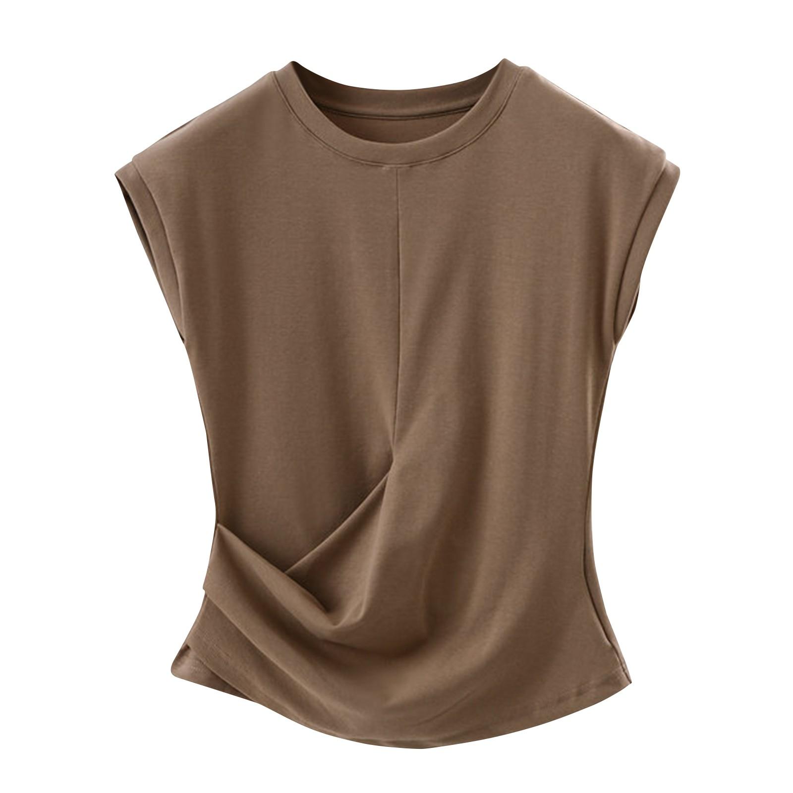 

Женская модная однотонная плиссированная футболка с круглым вырезом и жилеткой XL хаки