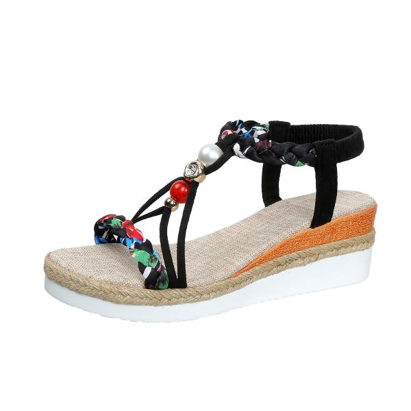 Fashion Handmade Sandal Clogs With Heel Comfort Shoes for Women Large Size Breathable Suit Female Beige Rope Thick High Wedge Big Low 20