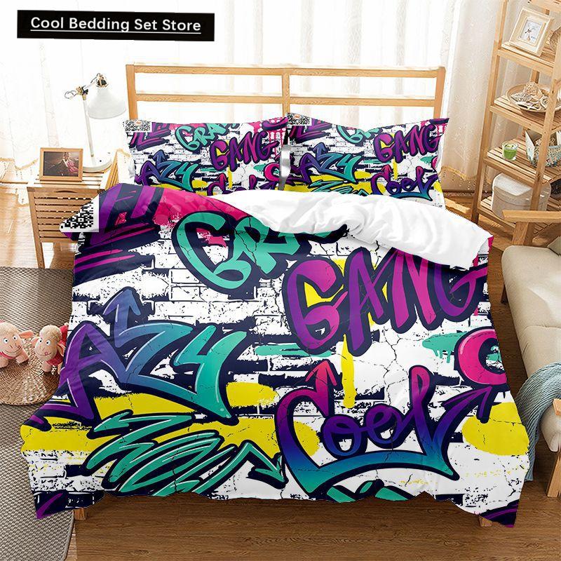 Hippie Graffiti Duvet Cover Set King Queen Size for Kids Boys Youth Polyester Comforter Cover Modern Street Art Bedspread Cover