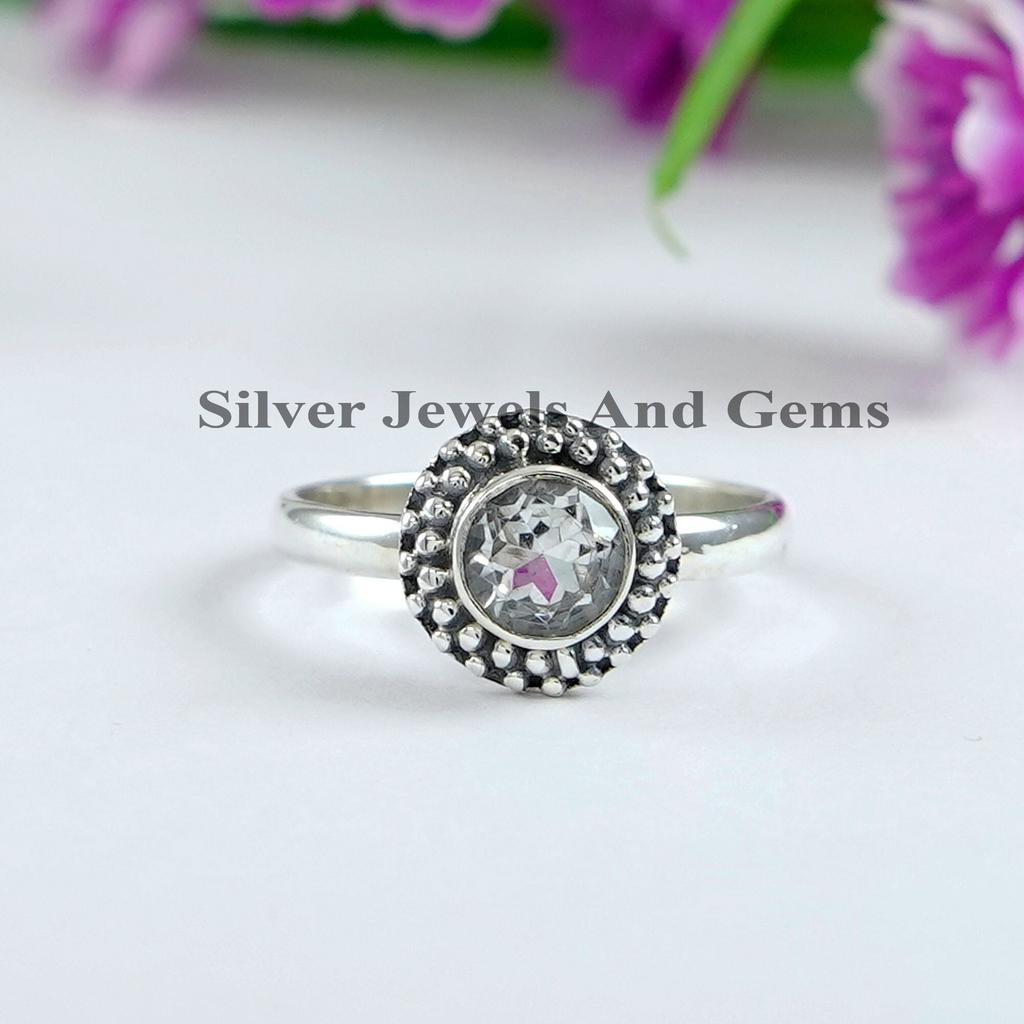 White Topaz 925 Sterling Silver Ring, Round Crystal, Boho Promise Ring
