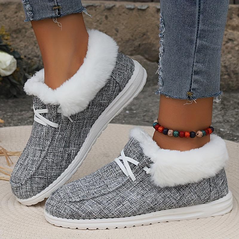 Women's Plush Lined Canvas Shoes, Winter Thermal Low Top Slip On Snow Shoes, Comfy Outdoor Sneakers