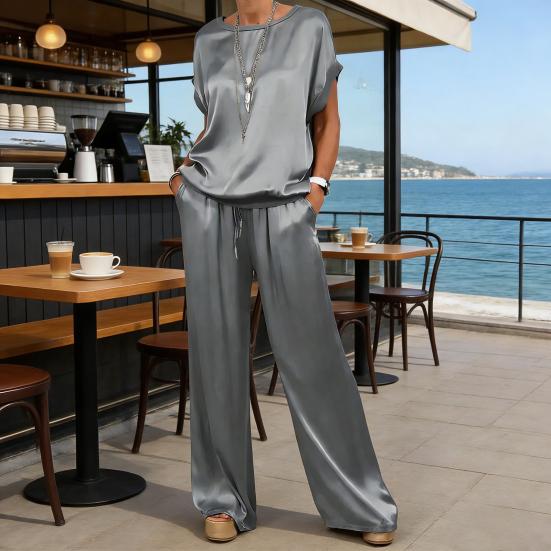 Women Summer Satin Lounge Sets Short Sleeve Crew Neck Top And Wide Leg Pants Set Casual Vacation 2 Piece Outfits