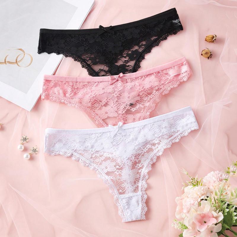 

3Pcs Sexy Lace Women Thongs Transparent Women Panties Sexy Underwear Solid Floral G-String Size XS-XL Female Underpants Lingerie XS разноцветный
