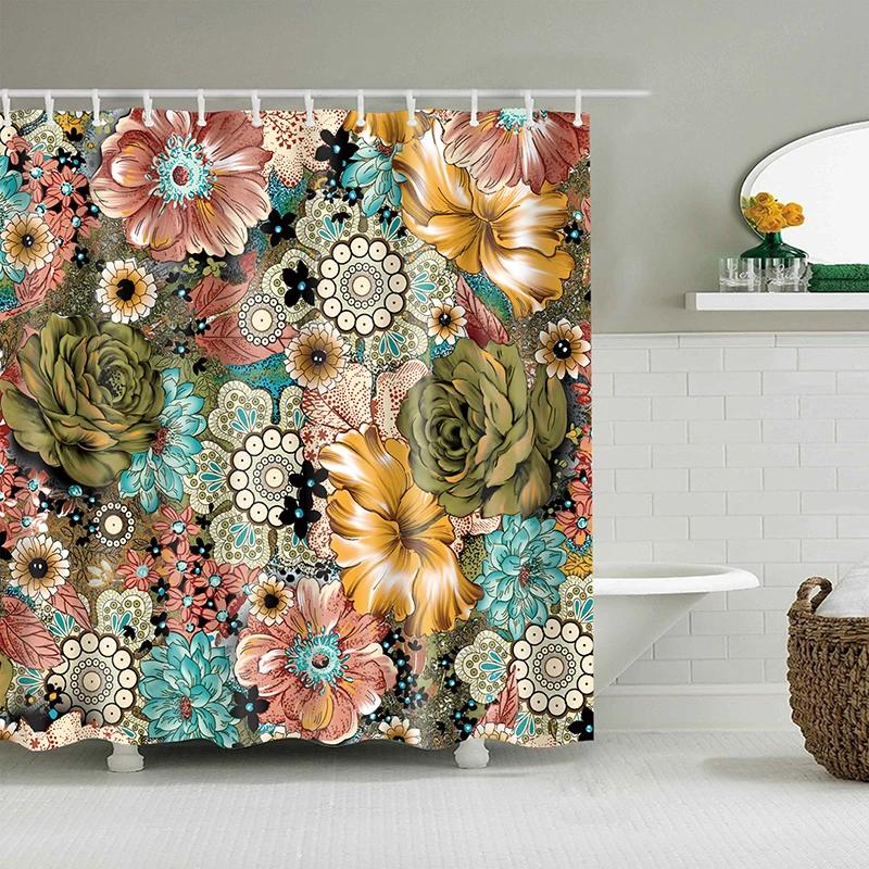 Watercolor Flower Shower Curtain, Vintage Plum Blossom Tropical Plant Green Leaf Bird Elegance, Bathroom Decor Set With Hooks