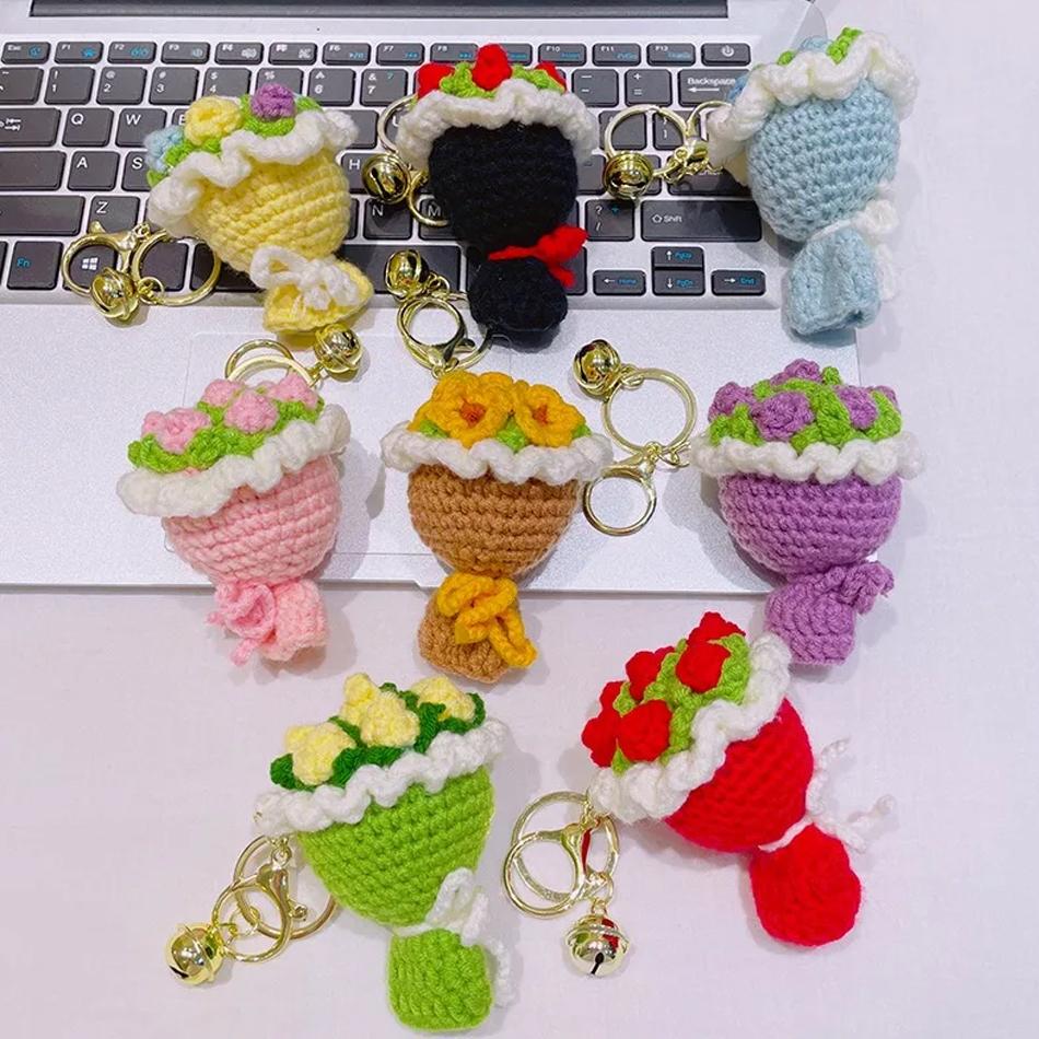 Cute Crochet Flowers Handmade Knitted Crochet Bouquet Keychain Ring Bag Hanging Pendant Ornament for Like Friend Gift