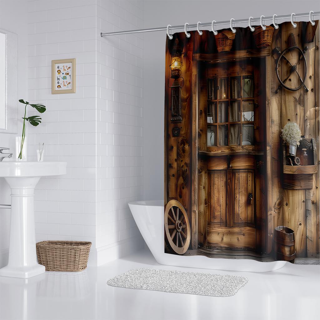 1PC Rural farmhouse shower curtain with retro wooden wheels, rustic style, waterproof, with 12 hooks, bathroom shower, home use
