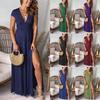 Women's Solid Color Shirred High Waist Split Deep V-Neck Short Sleeve Maxi Party Dress