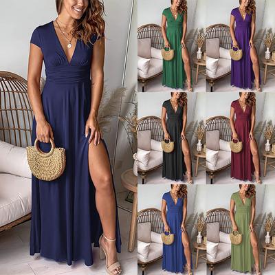 Vestido Longo Feminino Liso Franzido Cintura Alta Fenda Decote em V Profundo Manga Curta para Festa