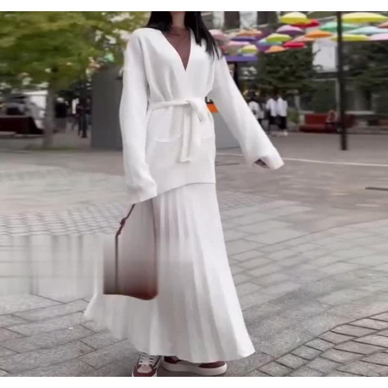 2025 Spring V-neck Cardigan Jacket & Comfortable Midi Skirt Set for Women