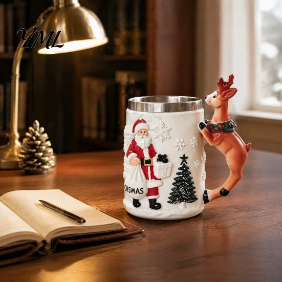 Decorative Desk Pen Holder Christmas Santa Claus Coffee Mug with Reindeer Handle, 300ml 3D Collectible Drinkware Embossed Resin Holiday Cup