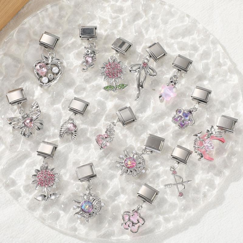 2026 New Creative DIY Dreamy Shiny Sunflower Cat Heart Bow Star Cherry Moon Pendent Charm Fit 9MM Stainless Steel Bracelet Gift