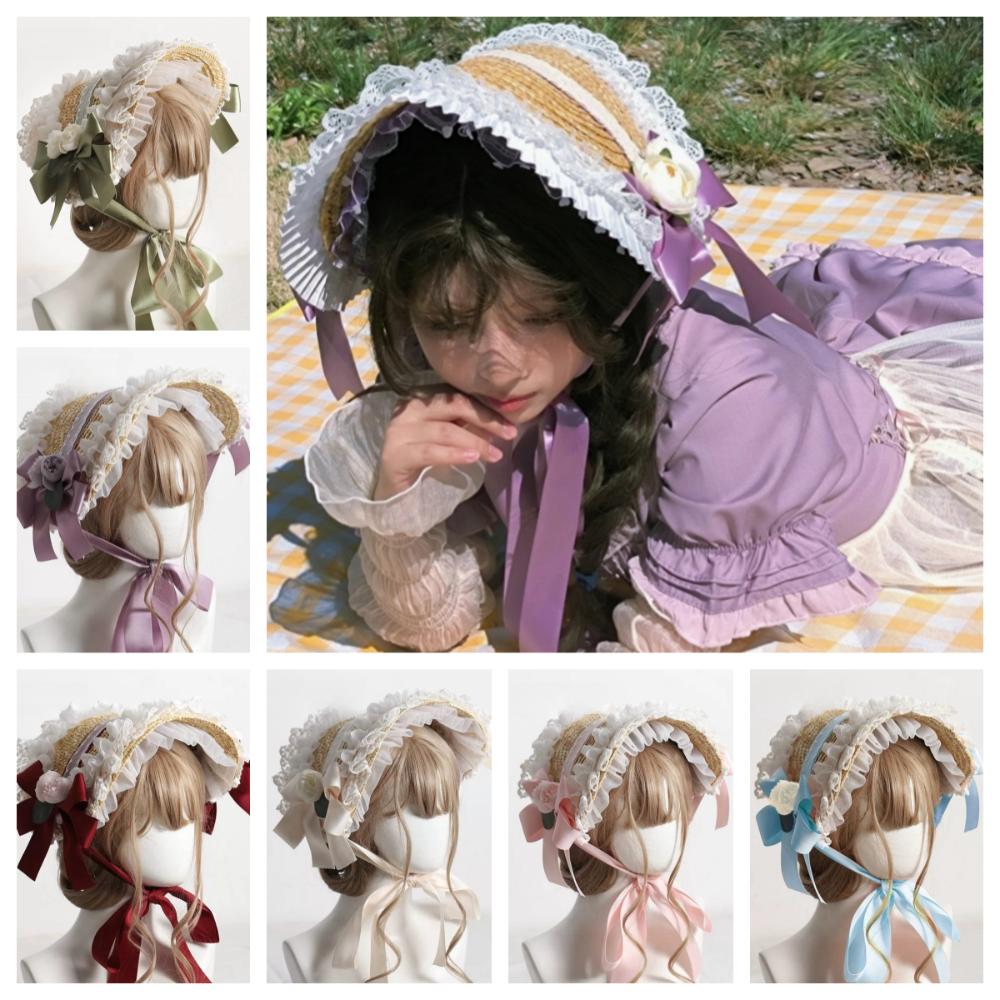 Flat Top Lolita Straw Hat Pastoral Style Bow Ribbon Flower Cap Lolita Bonnet  Lolita Accessories