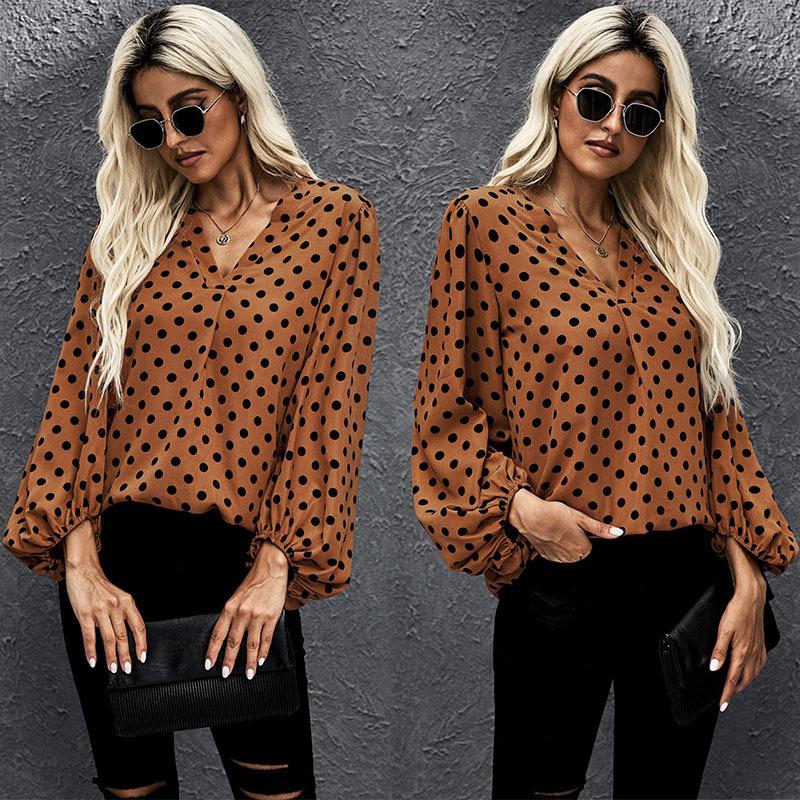 

Рубашка с длинным рукавом в горошек для женщин, v-образный вырез, свободная талия, фонарь с длинным рукавом, повседневная стильная простая тонкая рубашка, дышащий легкий пуловер плюс топ 5XL