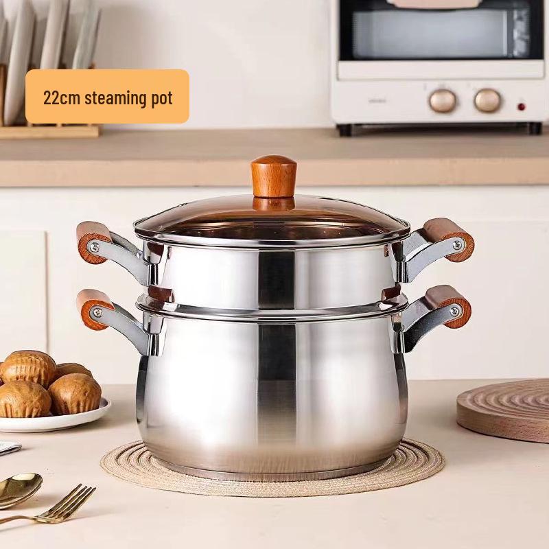 Beech Wood Handle Cookware Set: 5PC Stainless Steel Pot Set with Milk Pot, Double-Ear Soup Steamer, and Gift-Ready Packaging.