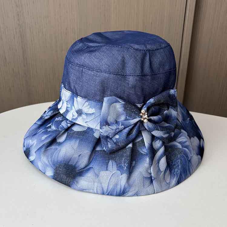 Wide-brimmed sun hat women's summer fashion printing foldable thin organza basin hat, sun hat for shopping