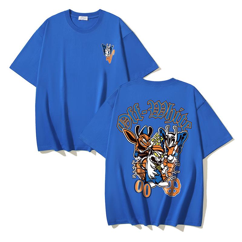 

1173 Off-White 2025 Spring/Summer New Cartoon Bee Pattern Round Collar Short Sleeved Men s and Women s T-shirts L синій