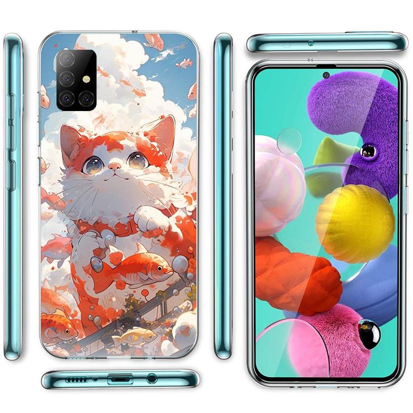 Cartoon Cute Cat Fish Aesthetic Phone Case For Samsung Galaxy A52 A32 A22 A12 A02S A50S A30S A51 A31 AA71 Note 20 Ultra 10 S10 P
