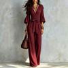 Damen V-Ausschnitt Wickel Taille Binden Weiter Bein Jumpsuit Einfarbige Freizeit Lockerer Schnitt