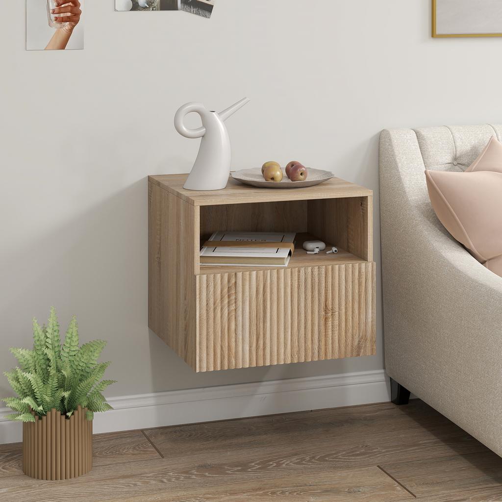 Nightstand, Handle-Free Design, Open Compartment, Drawer, Wall Mounted, Light Brown