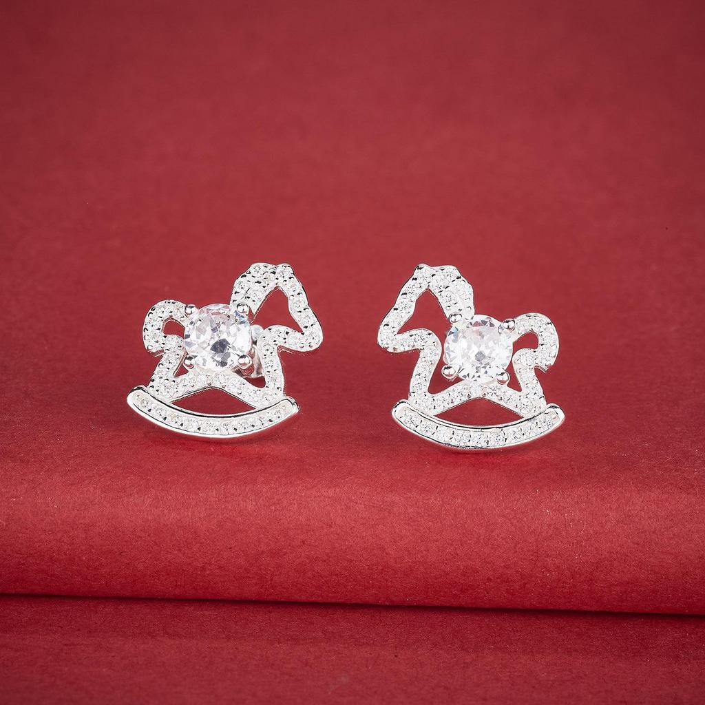 S925 Sterling Silver Rocking Horse Stud Earrings with Cubic Zirconia – Lucky New Year Gift for Her