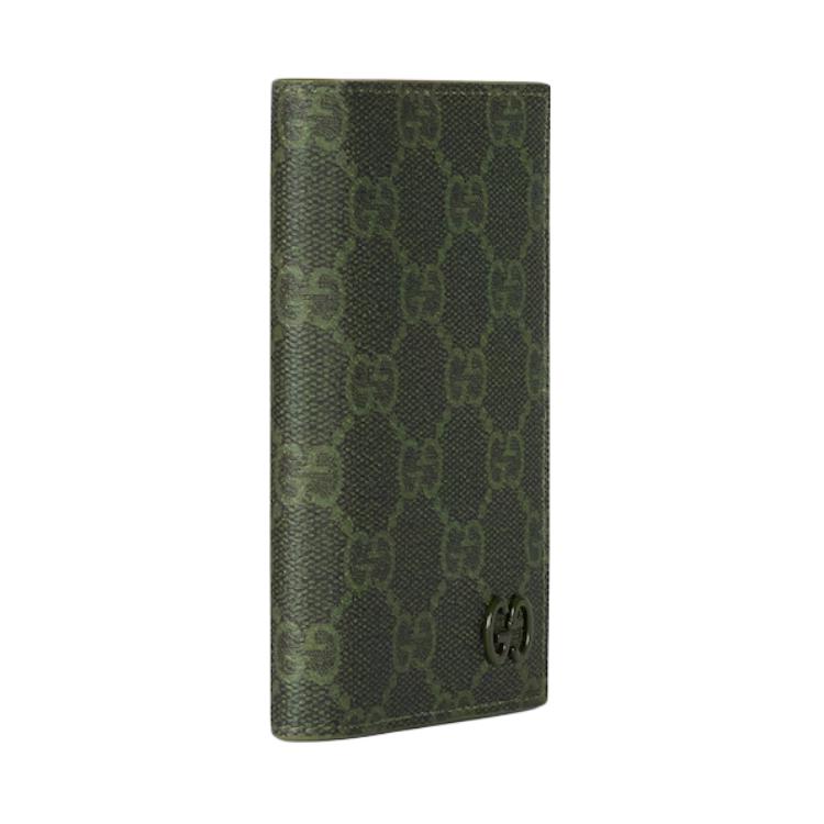 Gucci GG Monogram Ceramic Effect Logo Detail Double Fold Design Coated Canvas Card Holder Men Card Holder Forest-Green 768249-FAFBE-8491