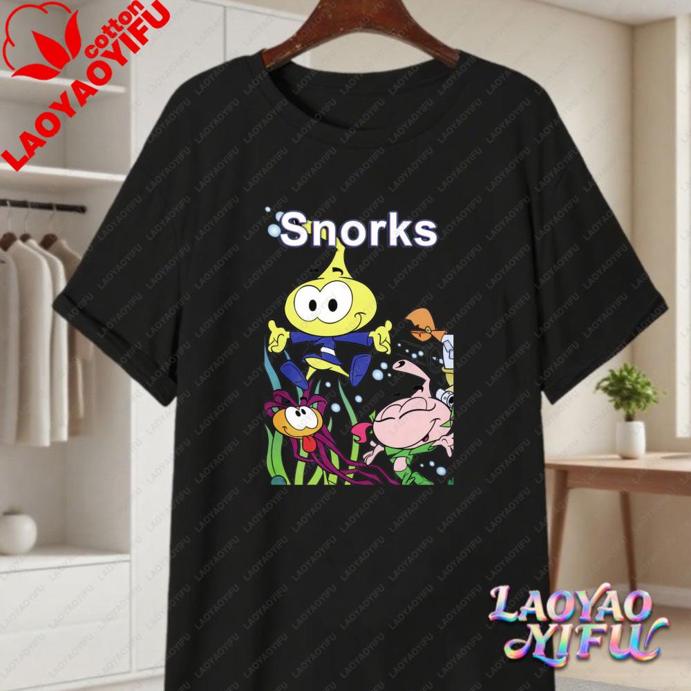 Snorks Cartoon Character Print T Shirt Vintage 80s Classic Anime Graphic Tee Casual Cotton Tops for Unisex Women Summer Streetwear