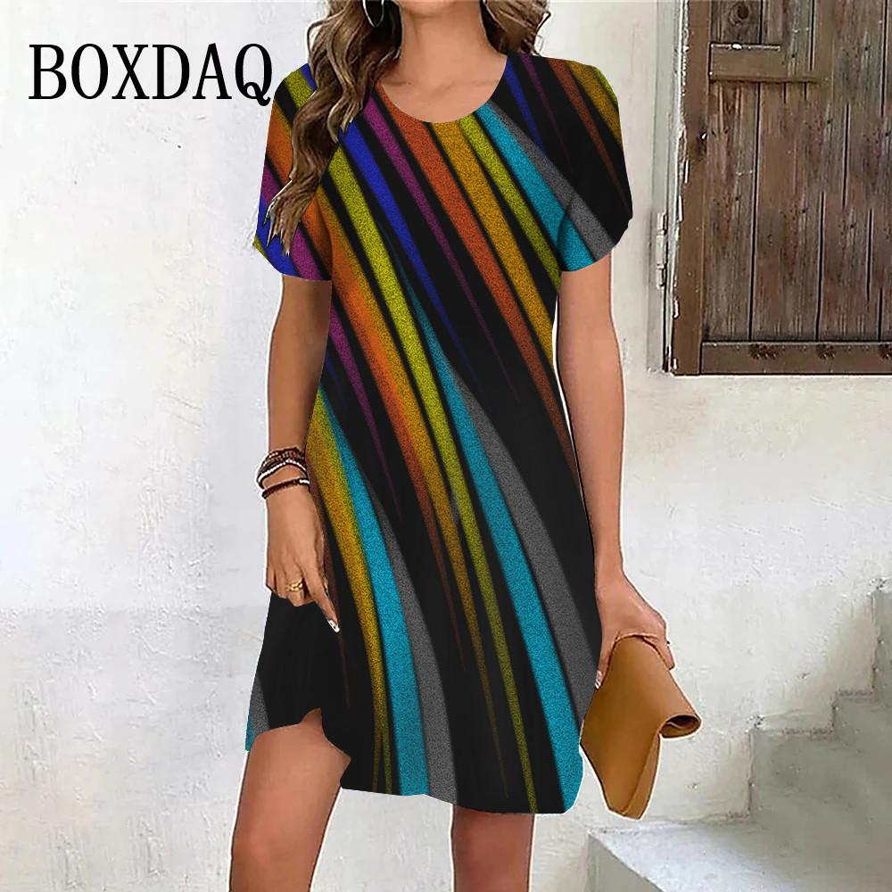New Summer Fashion Gradient Rainbow Stripe Short Sleeve Dresses For Women Casual O-Neck Print Loose Party Clothes