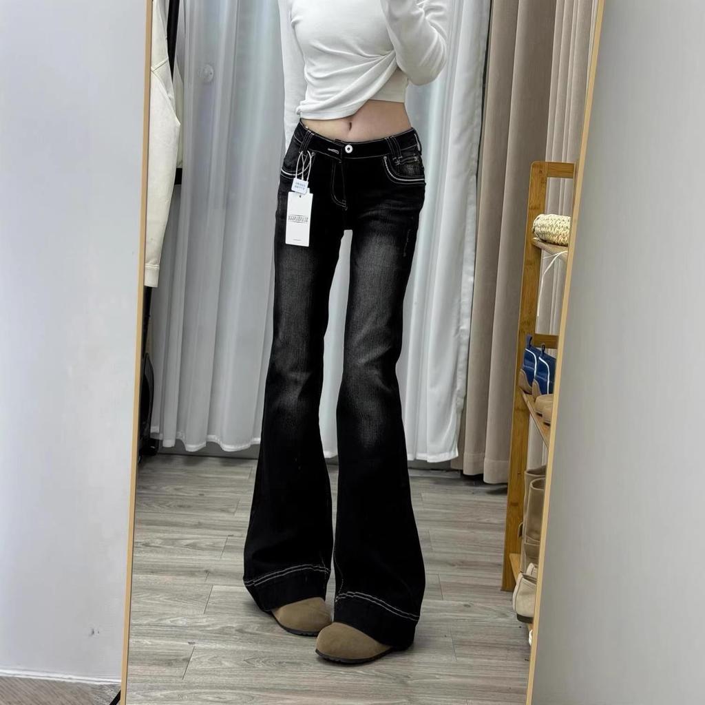 Trendiga 2026 Dam Svarta Lågmidjade Smala Micro-Flare Petite Jeans