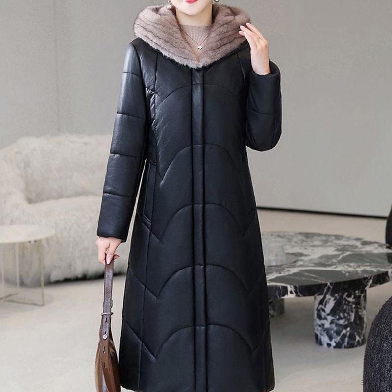 Winter Genuine Leather Jacket  Windproof Long Sheepskin Coat Slim Hooded Alpaca Overcoat