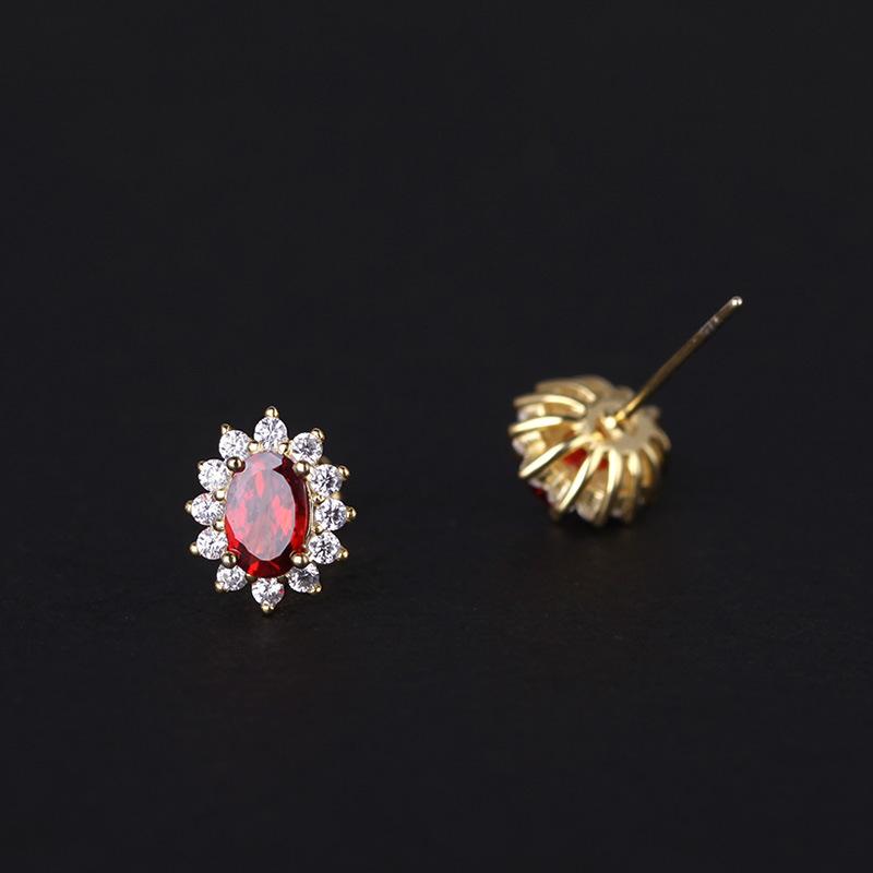 PONYKISS Vintage  Sterling Silver Geometric Oval Garnet Ruby Red Zircon Lace 14K Gold Stud Earring for Women Luxury