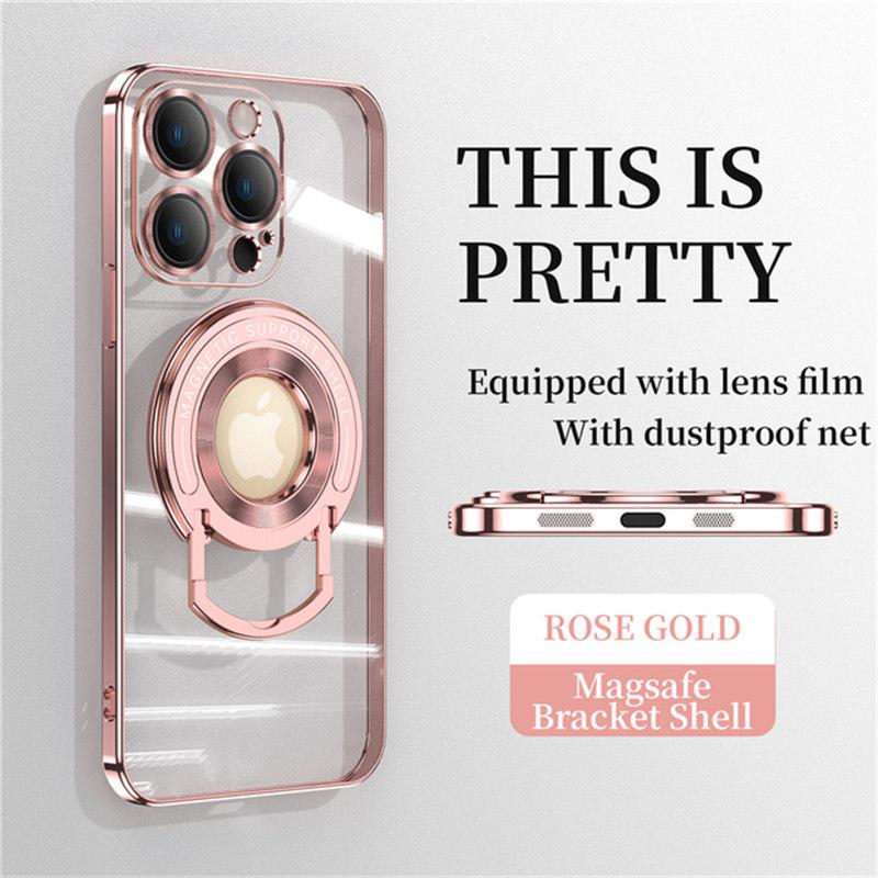 Plating Transparent Logo Hole Case For iPhone 13 12 14 Pro Max 11 13 Invisible Stand For Magsafe Magnetic Wireless Charge Cover