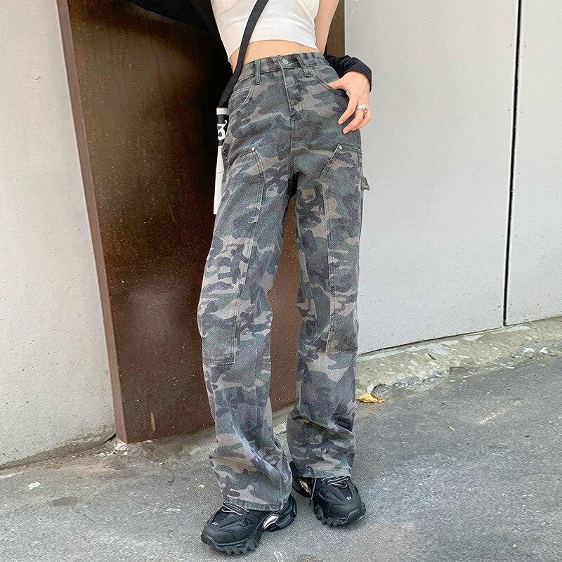 

2022 Осенняя мода для отдыха с уличным принтом, широкие винтажные камуфляжные брюки, популярные прямые свободные ковбойские брюки-карго, трендовые джинсы для женщин M камуфляжный