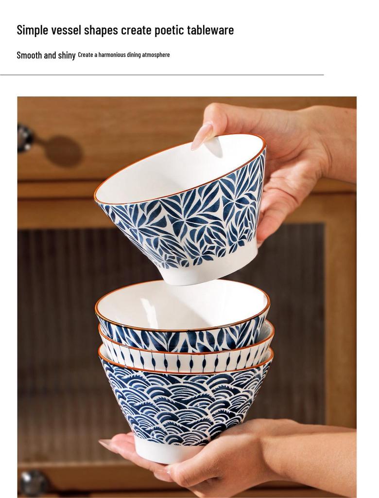 Set of 8 Japanese-Style 5-Inch Ceramic Rice Bowls for 2025, High-Footed Conical Hat Design for Home Use.