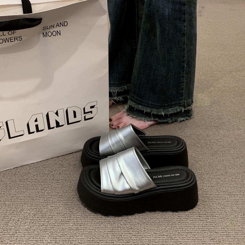 Thick-bottomed Heightening Cool Slippers for Women's Summer Wear 2025 New Models with Skirts, Beach One-word Drag, Small Muffin Slippers