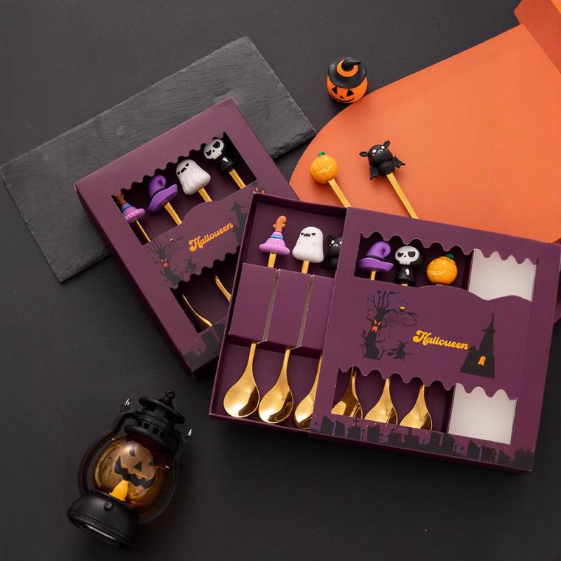 Halloweenské nádobí Nerezová kávová lžička Halloweenská dezertní lžička Vidlička na ovoce Sada nádobí pro tematickou párty
