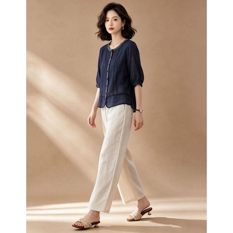 EST+II Women's Ramie Round Neck 3/4 Sleeve Cardigan & Wide-Leg Pants Set